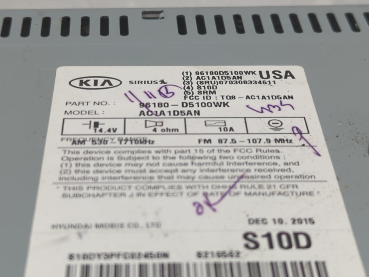 2016-2018 Kia Optima Radio AM FM Cd Player Receiver Replacement P/N:96180-D5100WK Fits Fits 2016 2017 2018 OEM Used Auto Par