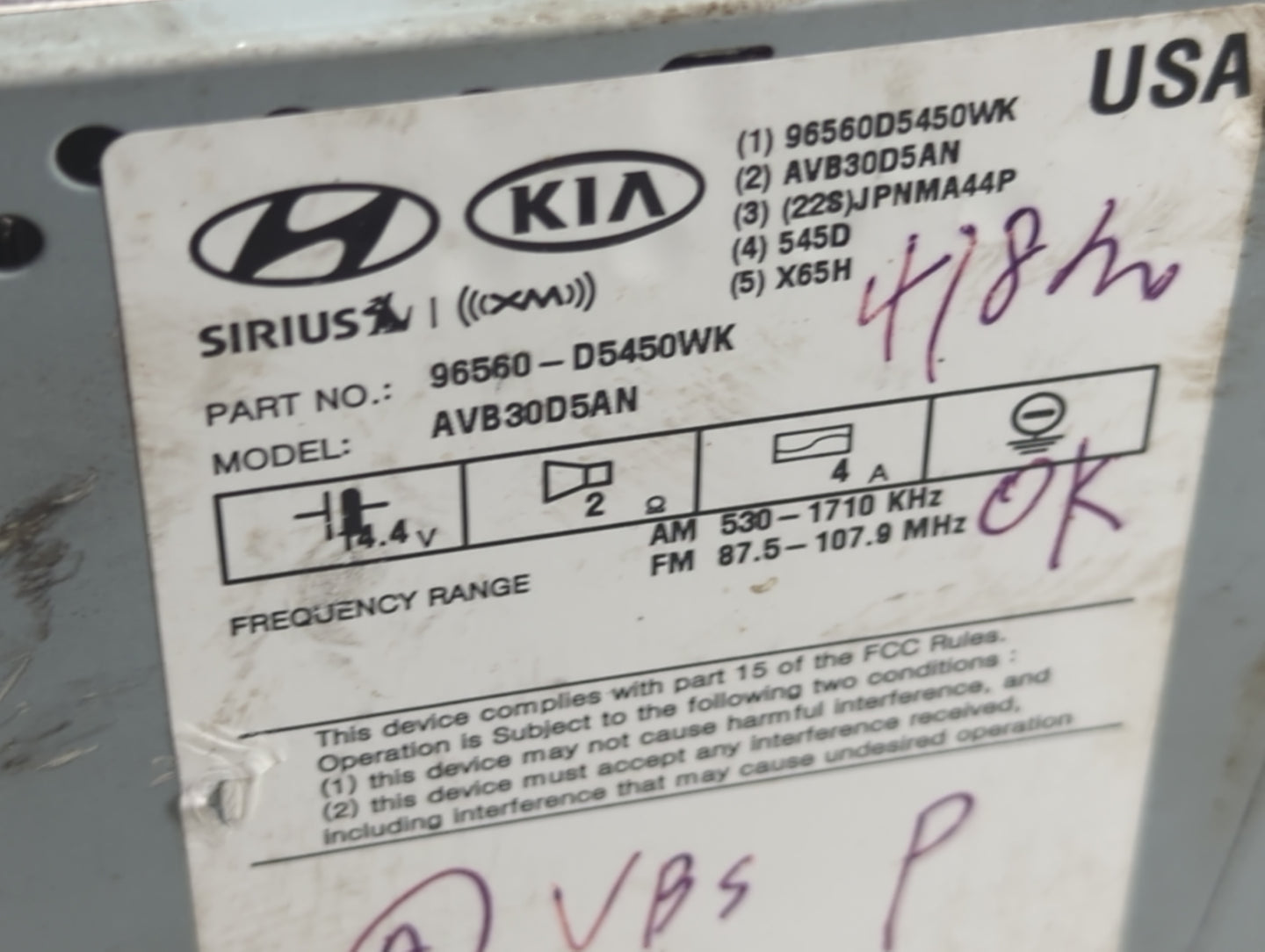 2016-2019 Kia Optima Radio AM FM Cd Player Receiver Replacement P/N:96540D5400 Fits Fits 2016 2017 2018 2019 OEM Used Auto P
