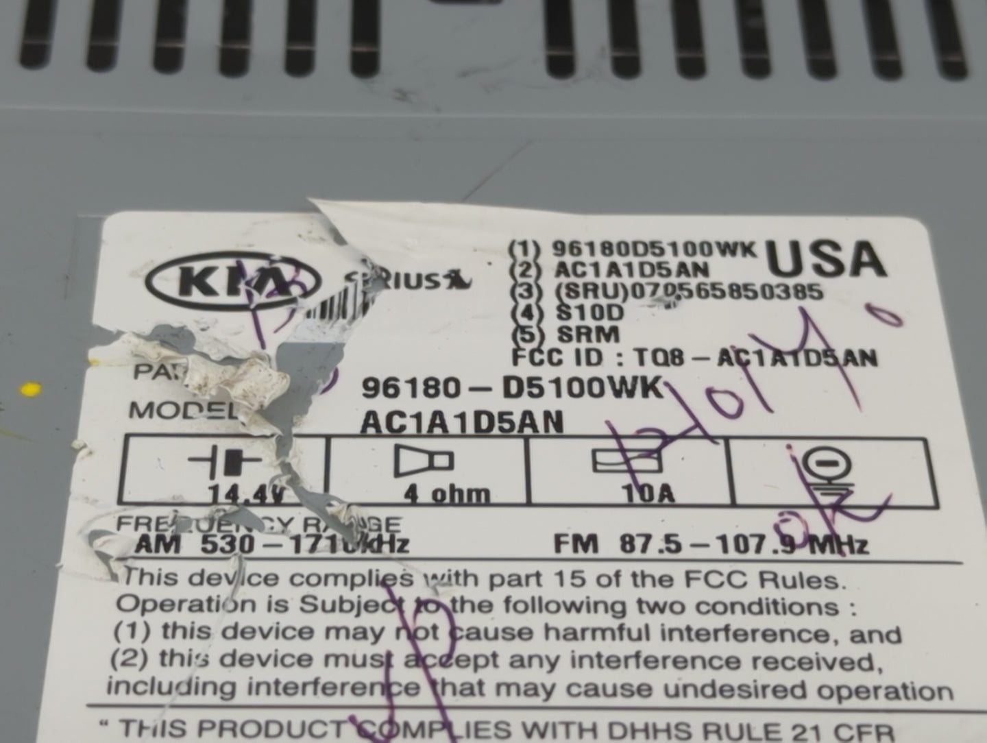 2016-2018 Kia Optima Radio AM FM Cd Player Receiver Replacement P/N:96180-D5100WK AC1A1D5AN Fits Fits 2016 2017 2018 OEM Use
