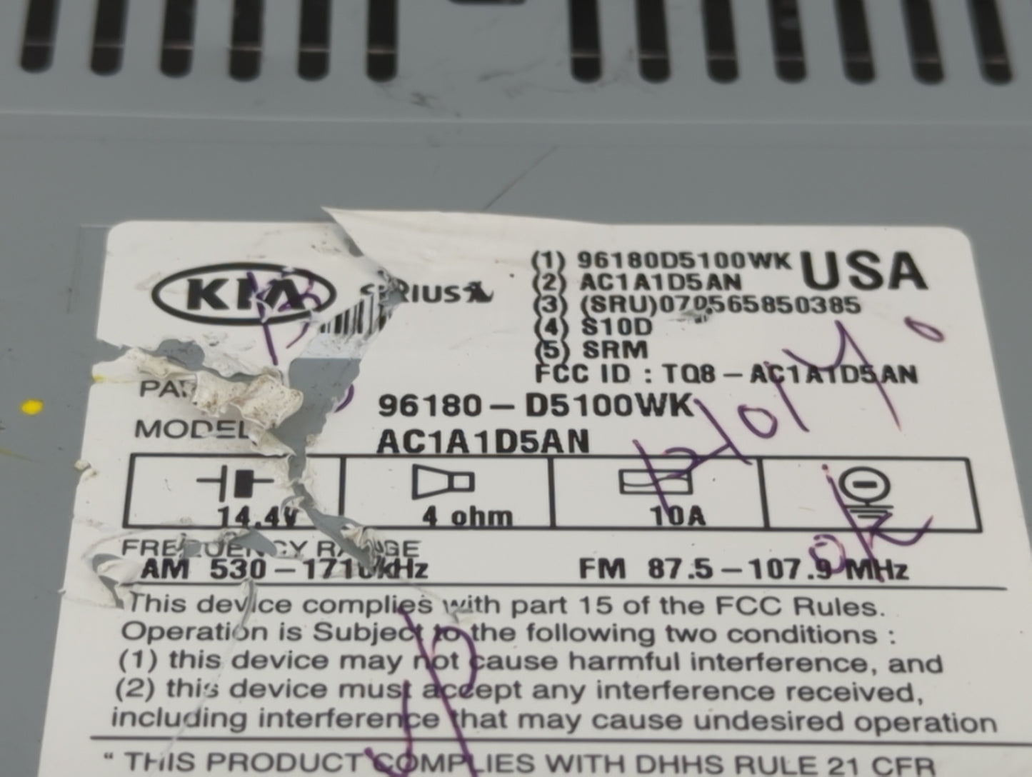 2016-2018 Kia Optima Radio AM FM Cd Player Receiver Replacement P/N:96180-D5100WK AC1A1D5AN Fits Fits 2016 2017 2018 OEM Use