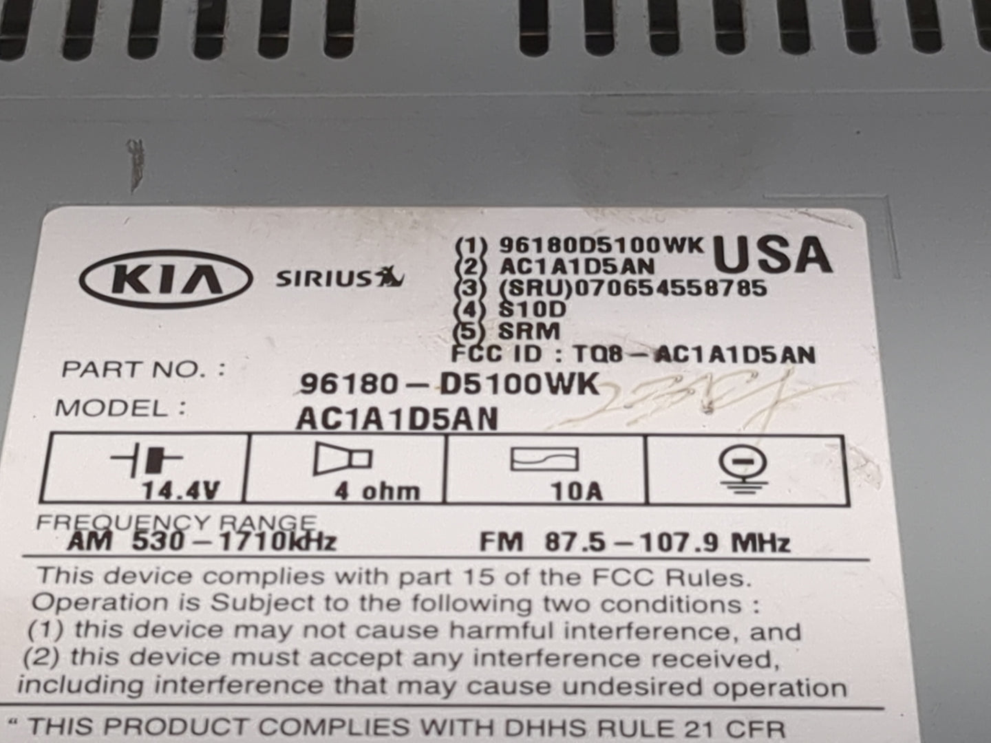 2016-2018 Kia Optima Radio AM FM Cd Player Receiver Replacement P/N:96180-D5100WK AC1A1D5AN Fits Fits 2016 2017 2018 OEM Use