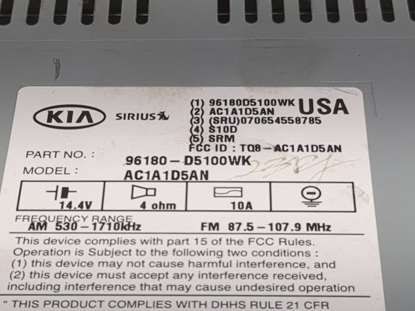 2016-2018 Kia Optima Radio AM FM Cd Player Receiver Replacement P/N:96180-D5100WK AC1A1D5AN Fits Fits 2016 2017 2018 OEM Use