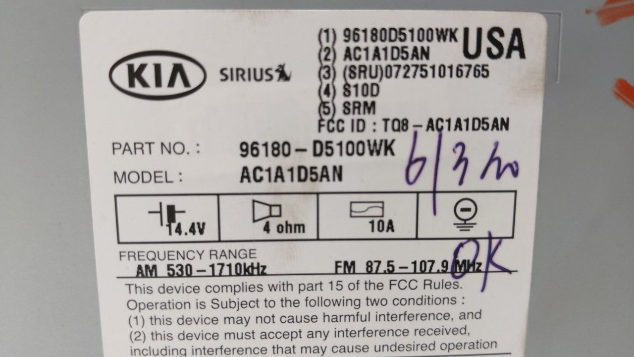 2016-2018 Kia Optima Radio AM FM Cd Player Receiver Replacement P/N:96180-D5100WK AC1A1D5AN Fits Fits 2016 2017 2018 OEM Use