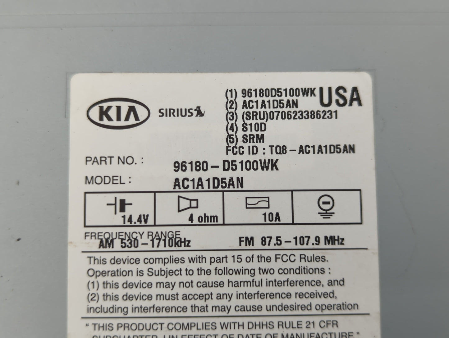 2016-2018 Kia Optima Radio AM FM Cd Player Receiver Replacement P/N:96180-D5100 96180-D5100WK, AC1A1D5AN Fits Fits 2016 2017