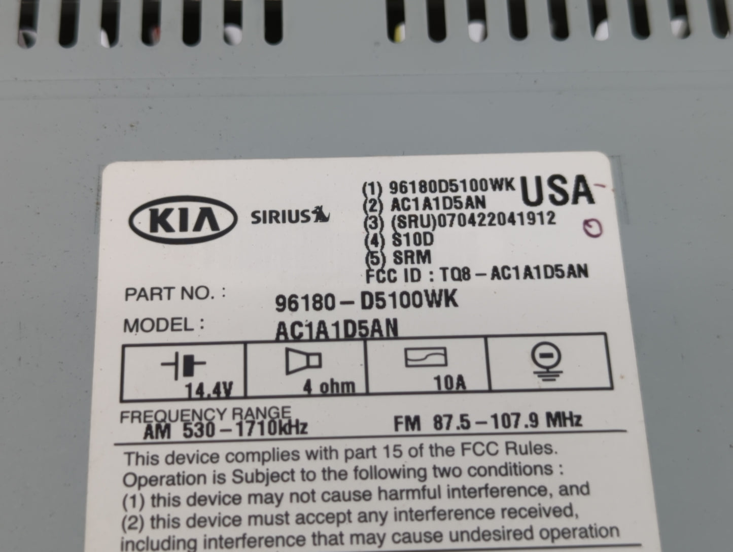 2016 Kia Optima Radio AM FM Cd Player Receiver Replacement P/N:96180-D5100WK Fits OEM Used Auto Parts - Oemusedautoparts1.co