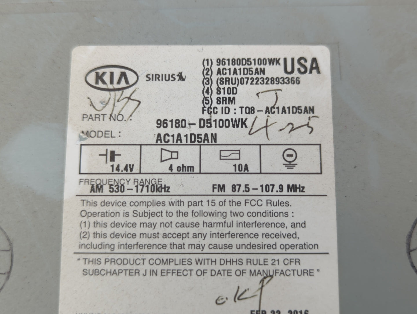 2016-2018 Kia Optima Radio AM FM Cd Player Receiver Replacement P/N:96180-D5100WK Fits Fits 2016 2017 2018 OEM Used Auto Par
