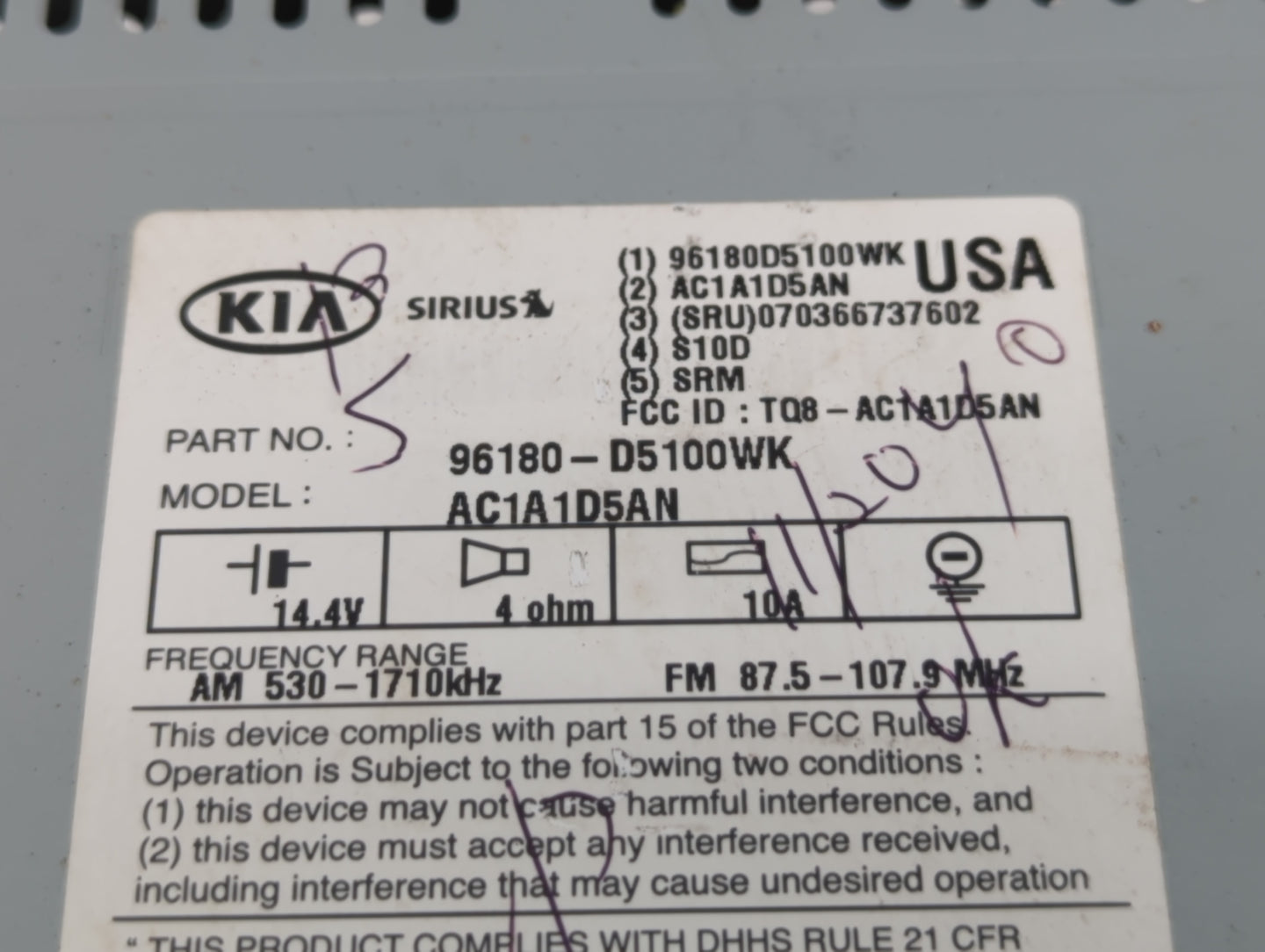 2016-2018 Kia Optima Radio AM FM Cd Player Receiver Replacement P/N:96180-D5100WK Fits Fits 2016 2017 2018 OEM Used Auto Par