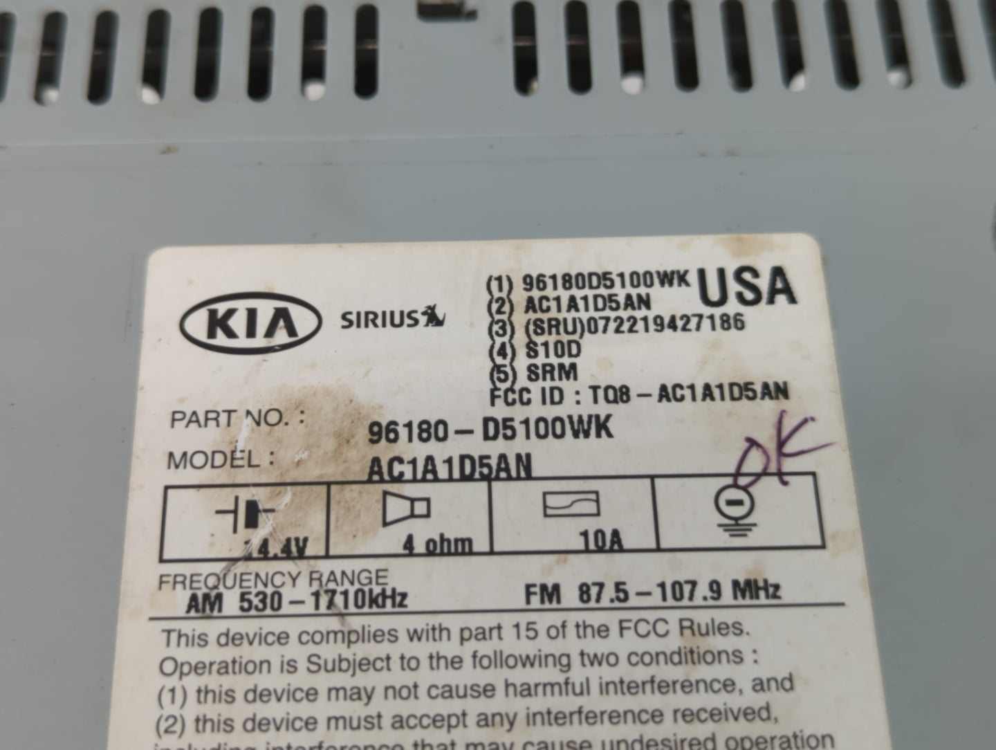 2016-2018 Kia Optima Radio AM FM Cd Player Receiver Replacement P/N:96180-D5100WK Fits Fits 2016 2017 2018 OEM Used Auto Par