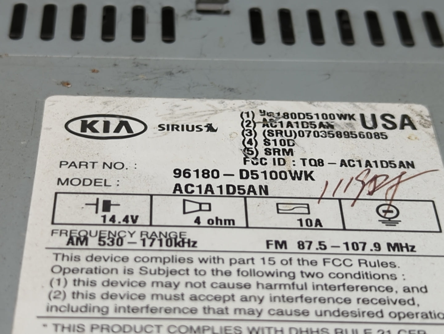 2016-2018 Kia Optima Radio AM FM Cd Player Receiver Replacement P/N:96180-D5100WK Fits Fits 2016 2017 2018 OEM Used Auto Par