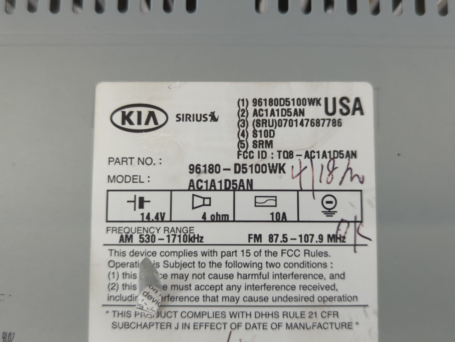 2016-2018 Kia Optima Am Fm Cd Player Radio Receiver - Oemusedautoparts1.com