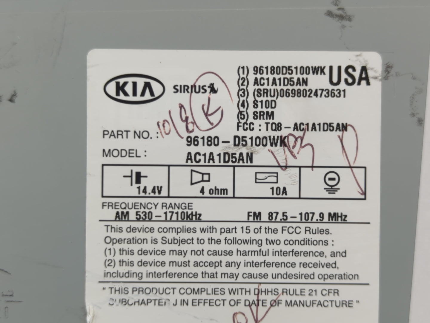 2016-2018 Kia Optima Radio AM FM Cd Player Receiver Replacement P/N:96180-D5100WK Fits Fits 2016 2017 2018 OEM Used Auto Par