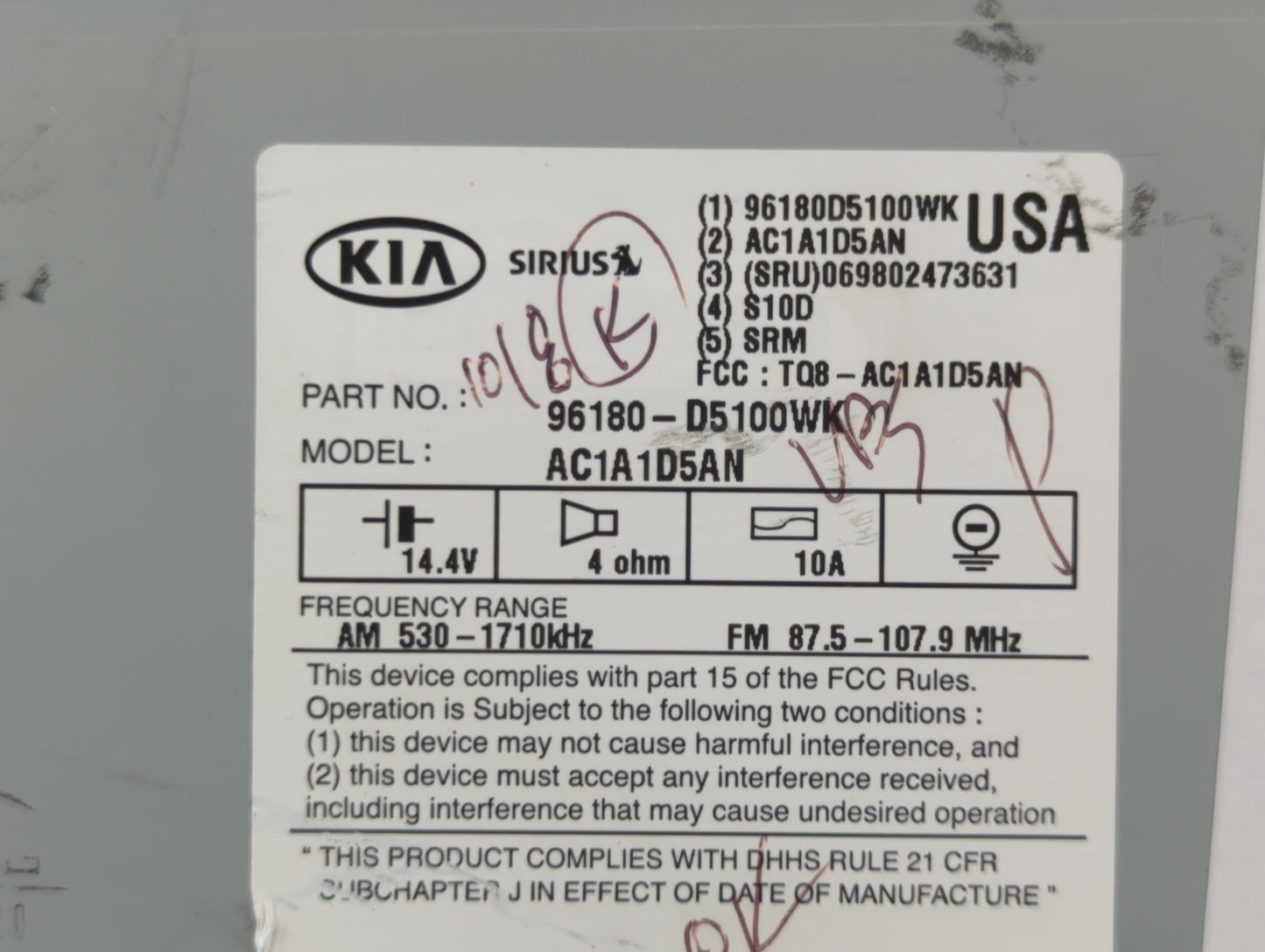2016-2018 Kia Optima Radio AM FM Cd Player Receiver Replacement P/N:96180-D5100WK Fits Fits 2016 2017 2018 OEM Used Auto Par