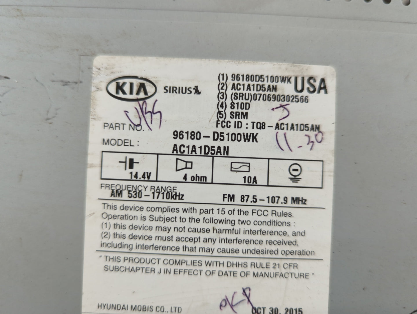 2016-2018 Kia Optima Radio AM FM Cd Player Receiver Replacement P/N:96180-D5100WK Fits Fits 2016 2017 2018 OEM Used Auto Par