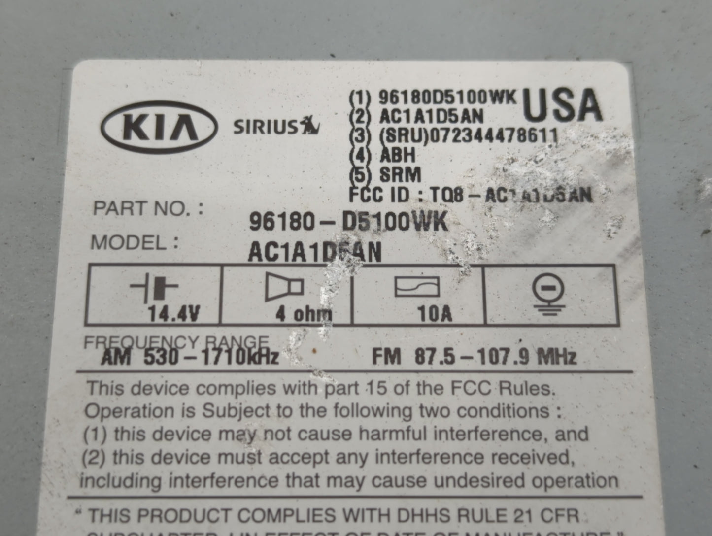 2016-2018 Kia Optima Radio AM FM Cd Player Receiver Replacement P/N:96180-D5100WK Fits Fits 2016 2017 2018 OEM Used Auto Par
