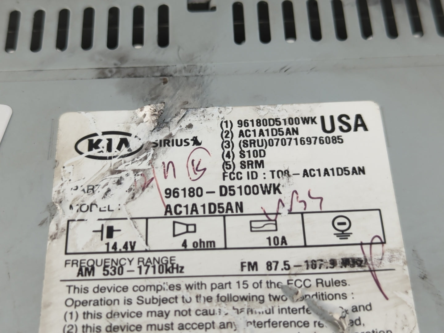 2016-2018 Kia Optima Radio AM FM Cd Player Receiver Replacement P/N:96180-D5100WK Fits Fits 2016 2017 2018 OEM Used Auto Par