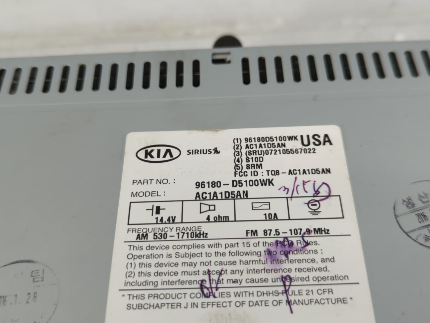 2016-2019 Kia Optima Radio AM FM Cd Player Receiver Replacement P/N:96180D5100WK Fits Fits 2016 2017 2018 2019 OEM Used Auto