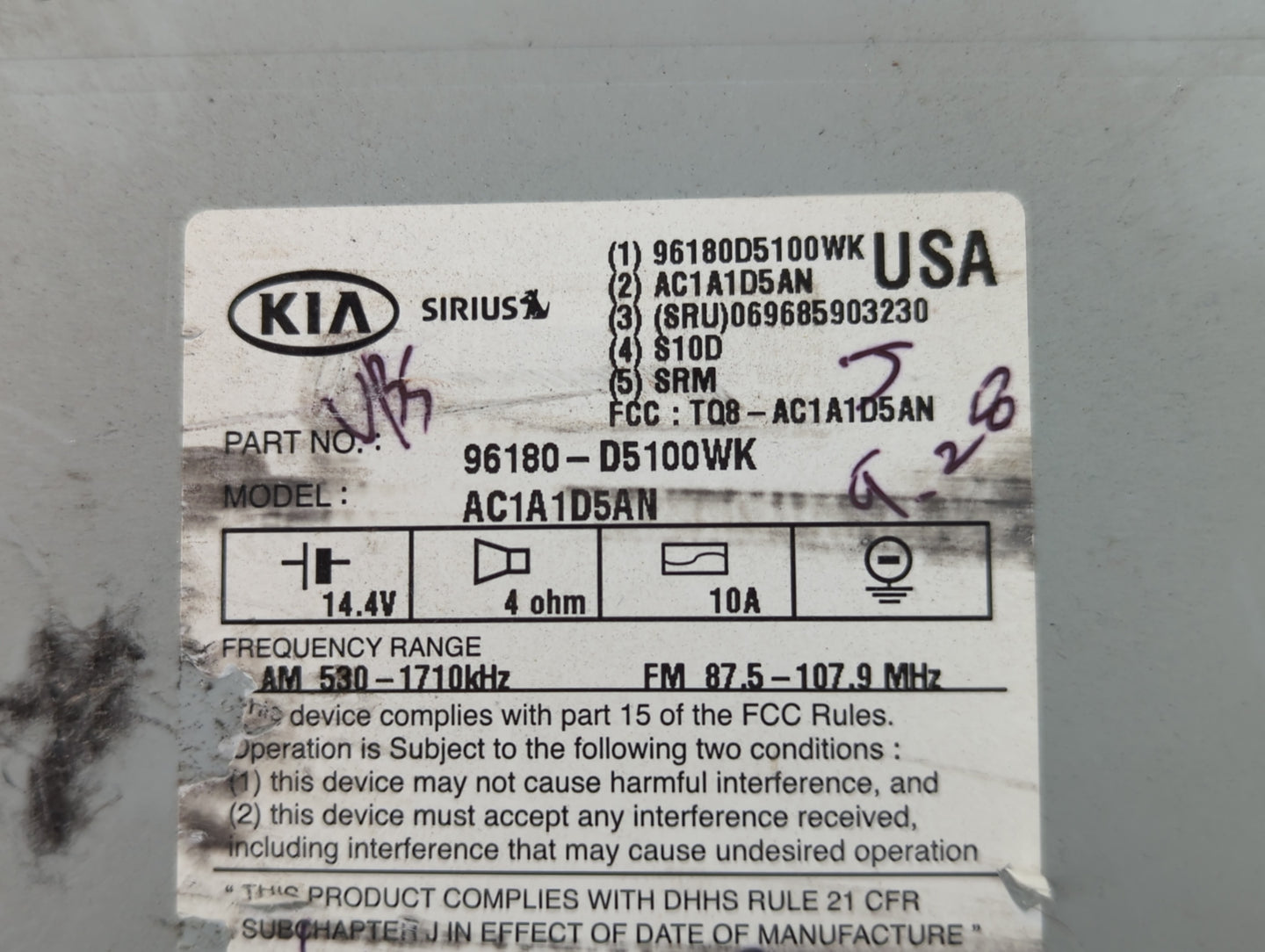 2016-2018 Kia Optima Radio AM FM Cd Player Receiver Replacement P/N:96180-D5100WK Fits Fits 2016 2017 2018 OEM Used Auto Par