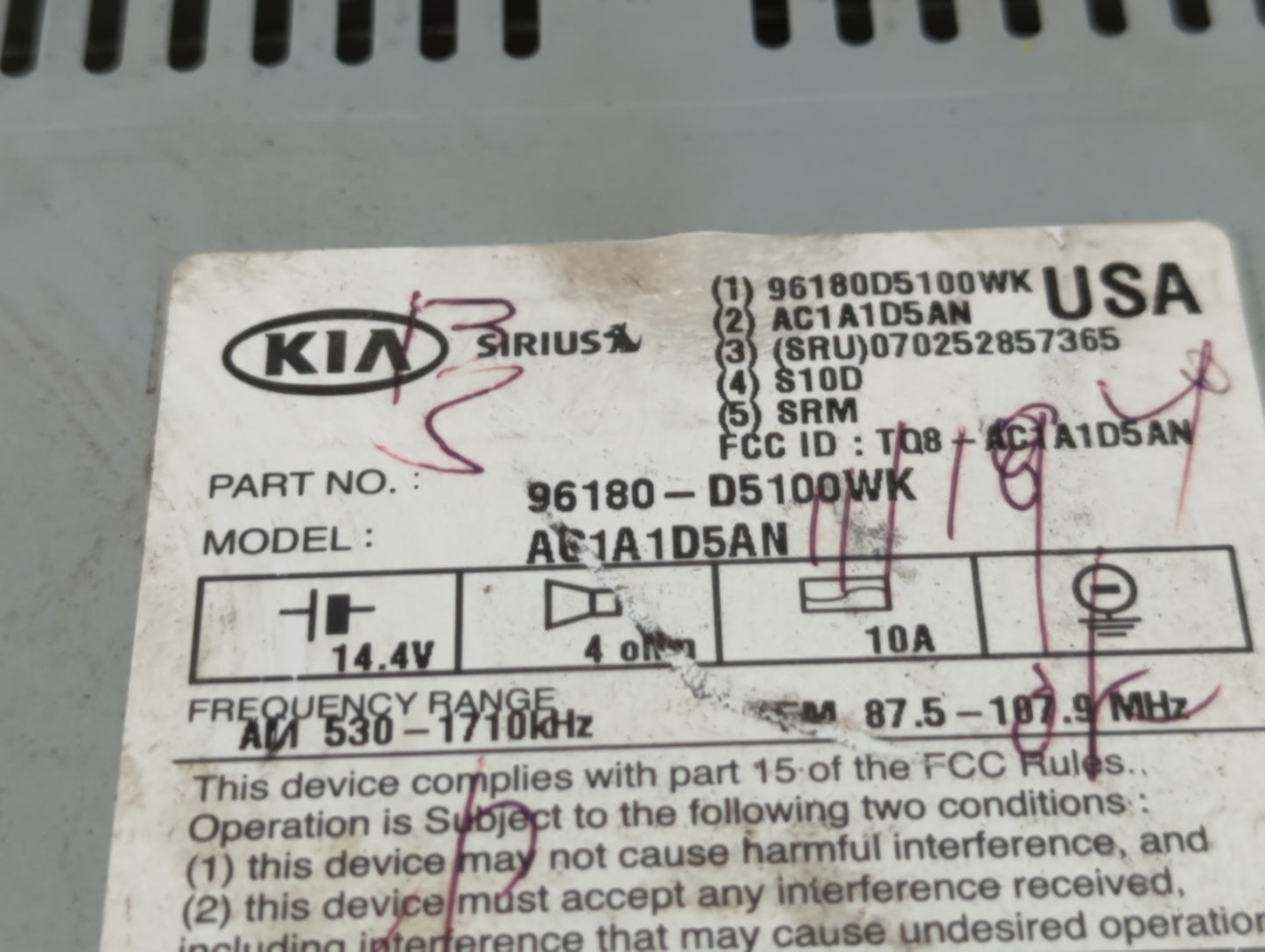 2016-2018 Kia Optima Radio AM FM Cd Player Receiver Replacement P/N:96180-D5100WK Fits Fits 2016 2017 2018 OEM Used Auto Par