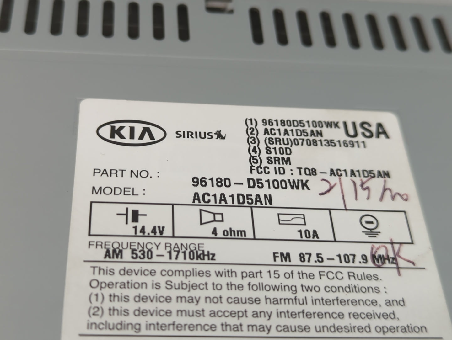 2016-2018 Kia Optima Radio AM FM Cd Player Receiver Replacement P/N:96180-D5100WK Fits Fits 2016 2017 2018 OEM Used Auto Par