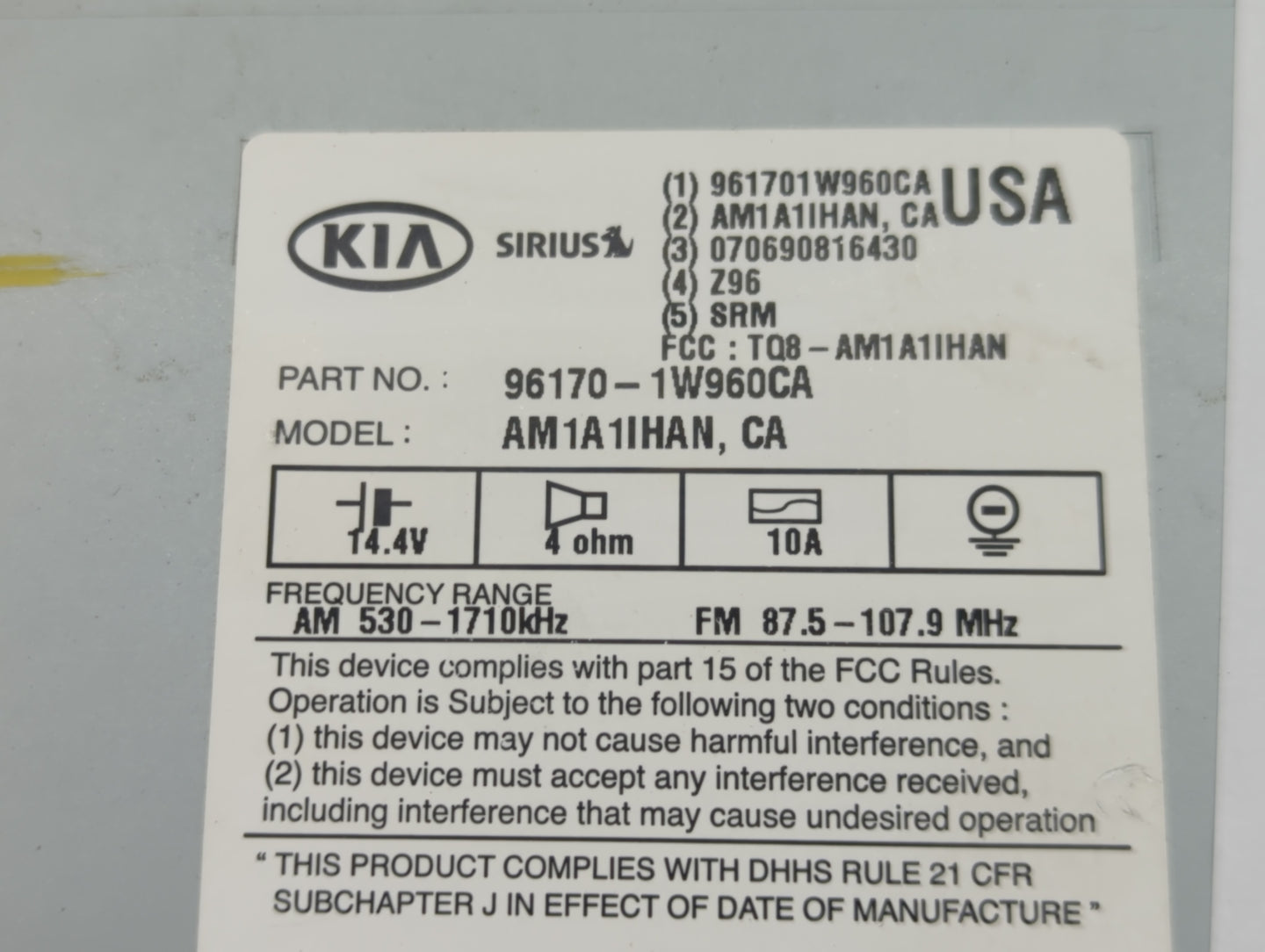 2016-2017 Kia Rio Radio AM FM Cd Player Receiver Replacement P/N:96170-1W960CA Fits Fits 2016 2017 OEM Used Auto Parts - Oem