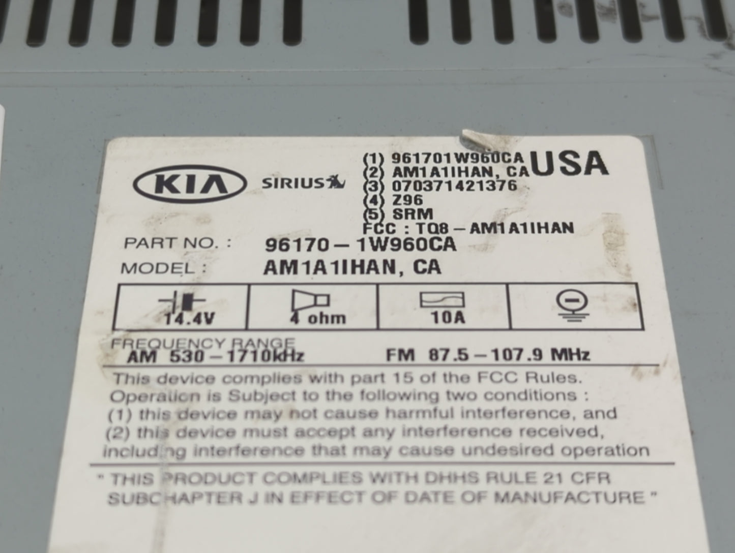 2016-2017 Kia Rio Radio AM FM Cd Player Receiver Replacement P/N:96170-1W960CA Fits Fits 2016 2017 OEM Used Auto Parts - Oem