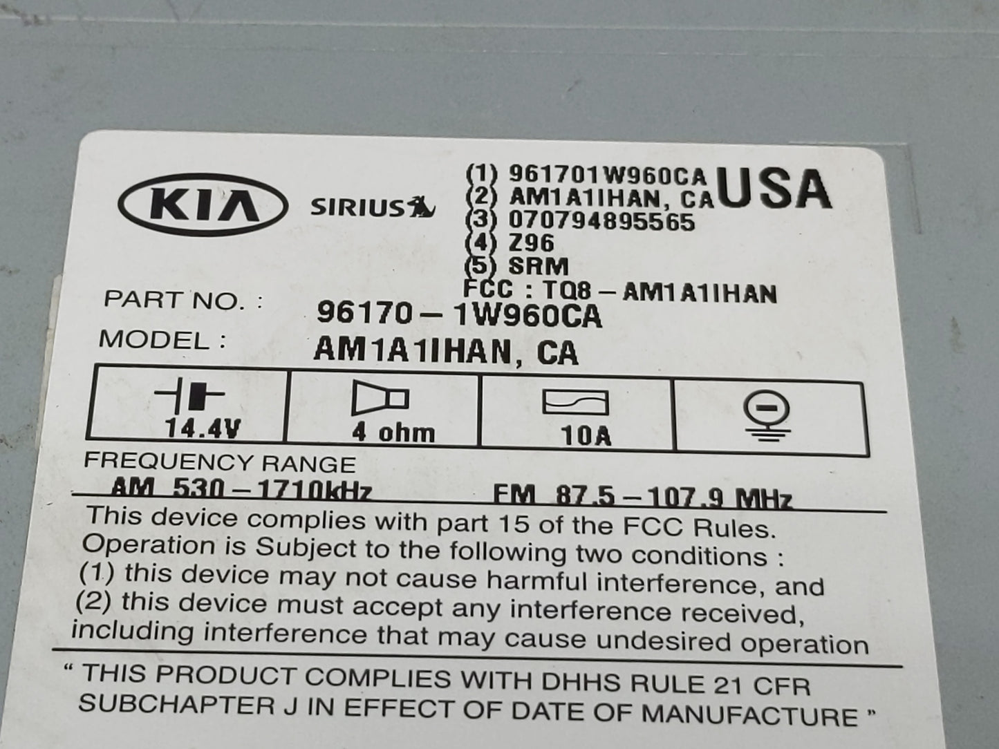 2016-2017 Kia Rio Radio AM FM Cd Player Receiver Replacement P/N:96170-1W960CA Fits Fits 2016 2017 OEM Used Auto Parts - Oem
