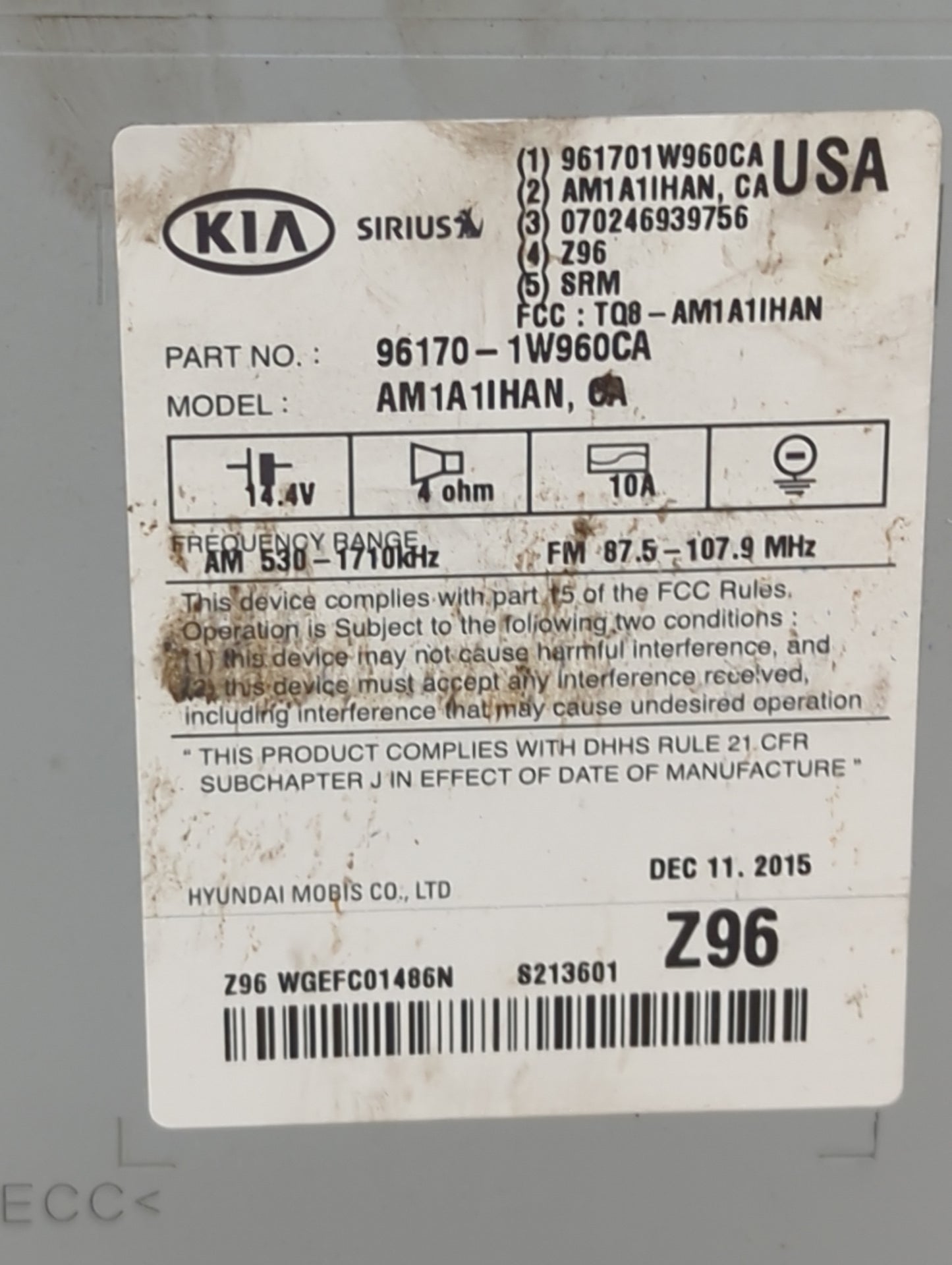 2016-2017 Kia Rio Radio AM FM Cd Player Receiver Replacement P/N:96170-1W960CA AM1A1IHAN, TQ8-AM1A1IHAN Fits Fits 2016 2017 