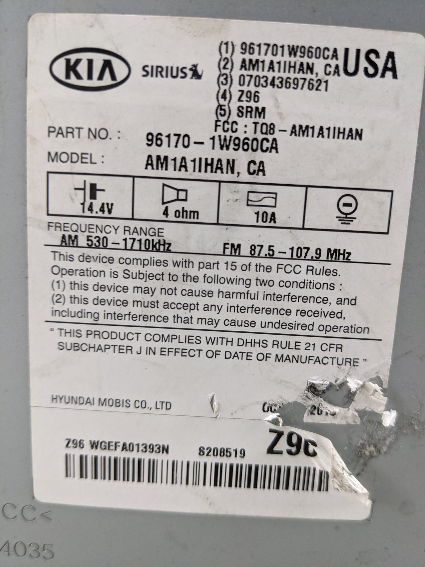 2016-2017 Kia Rio Radio AM FM Cd Player Receiver Replacement P/N:96170-1W960CA AM1A1IHAN, TQ8-AM1A1IHAN Fits Fits 2016 2017 