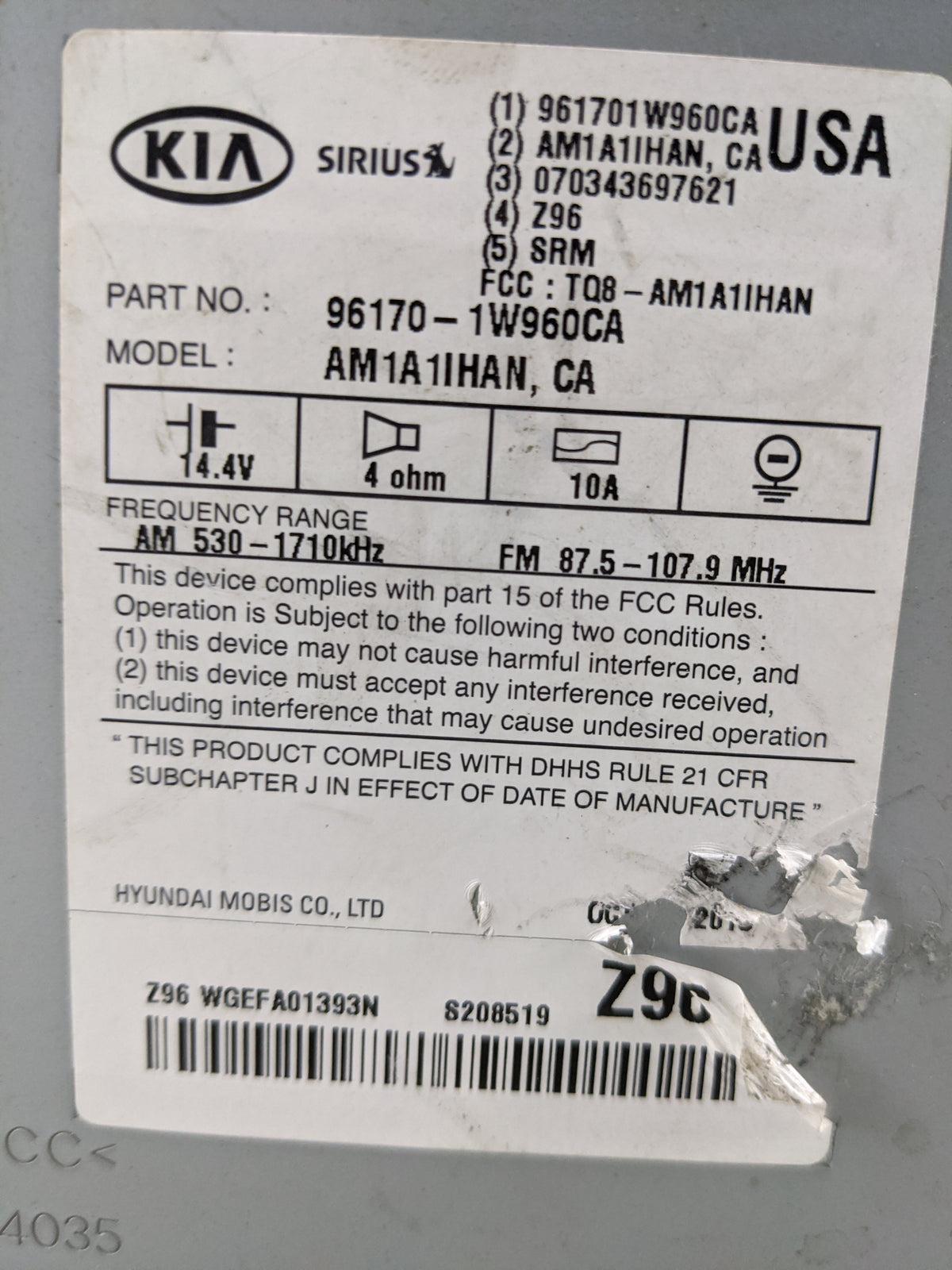 2016-2017 Kia Rio Radio AM FM Cd Player Receiver Replacement P/N:96170-1W960CA AM1A1IHAN, TQ8-AM1A1IHAN Fits Fits 2016 2017 