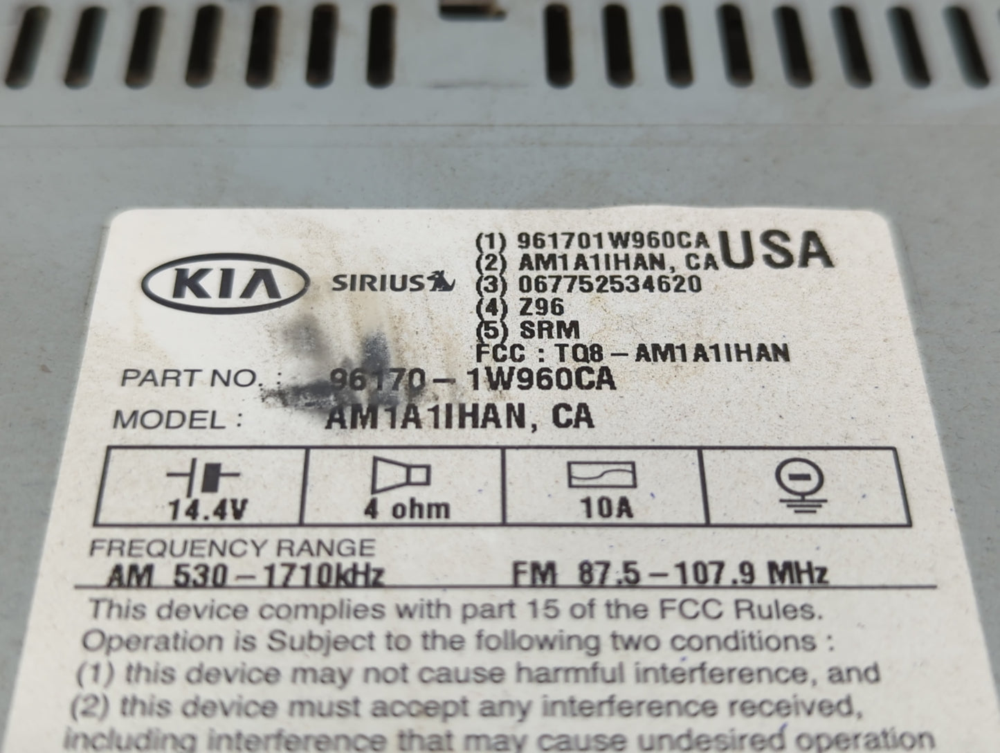 2016-2017 Kia Rio Radio AM FM Cd Player Receiver Replacement P/N:96170-1W960CA Fits Fits 2016 2017 OEM Used Auto Parts - Oem