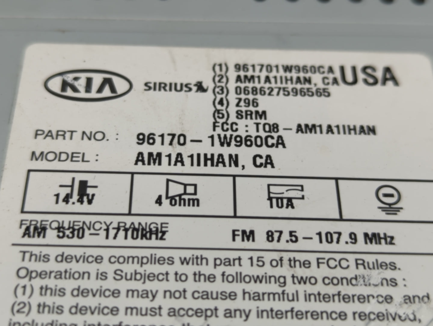 2016-2017 Kia Rio Radio AM FM Cd Player Receiver Replacement P/N:96170-1W960CA Fits Fits 2016 2017 OEM Used Auto Parts - Oem