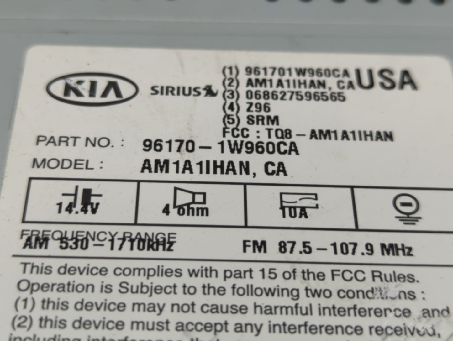 2016-2017 Kia Rio Radio AM FM Cd Player Receiver Replacement P/N:96170-1W960CA Fits Fits 2016 2017 OEM Used Auto Parts - Oem