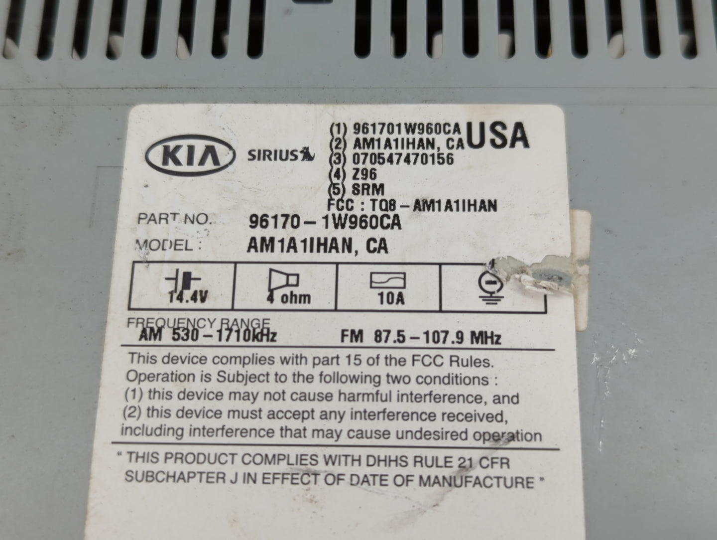 2016-2017 Kia Rio Radio AM FM Cd Player Receiver Replacement P/N:96170-1W960CA Fits Fits 2016 2017 OEM Used Auto Parts - Oem
