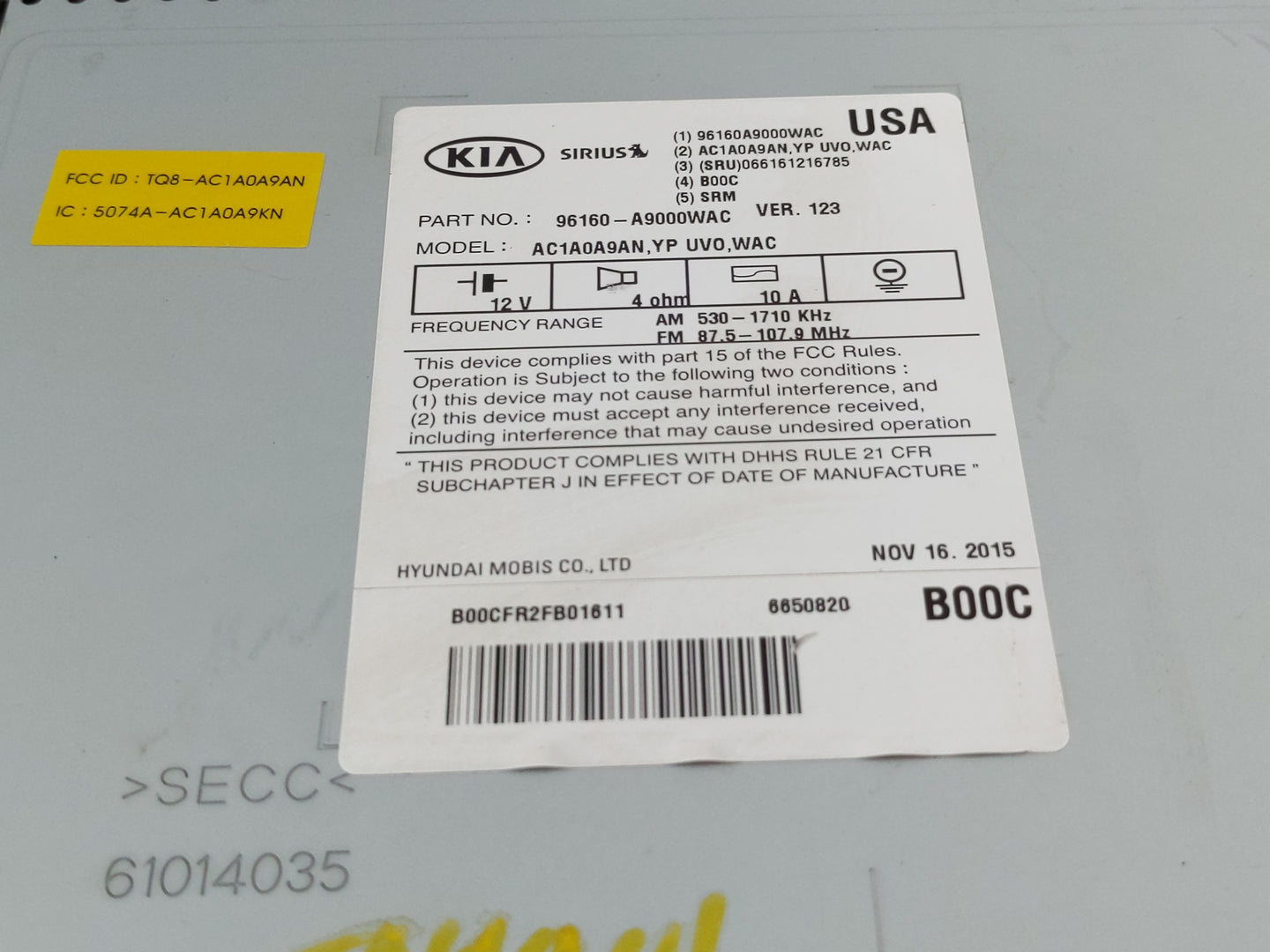 2016 Kia Sedona Radio AM FM Cd Player Receiver Replacement P/N:96160-A9000WAC Fits OEM Used Auto Parts - Oemusedautoparts1.c