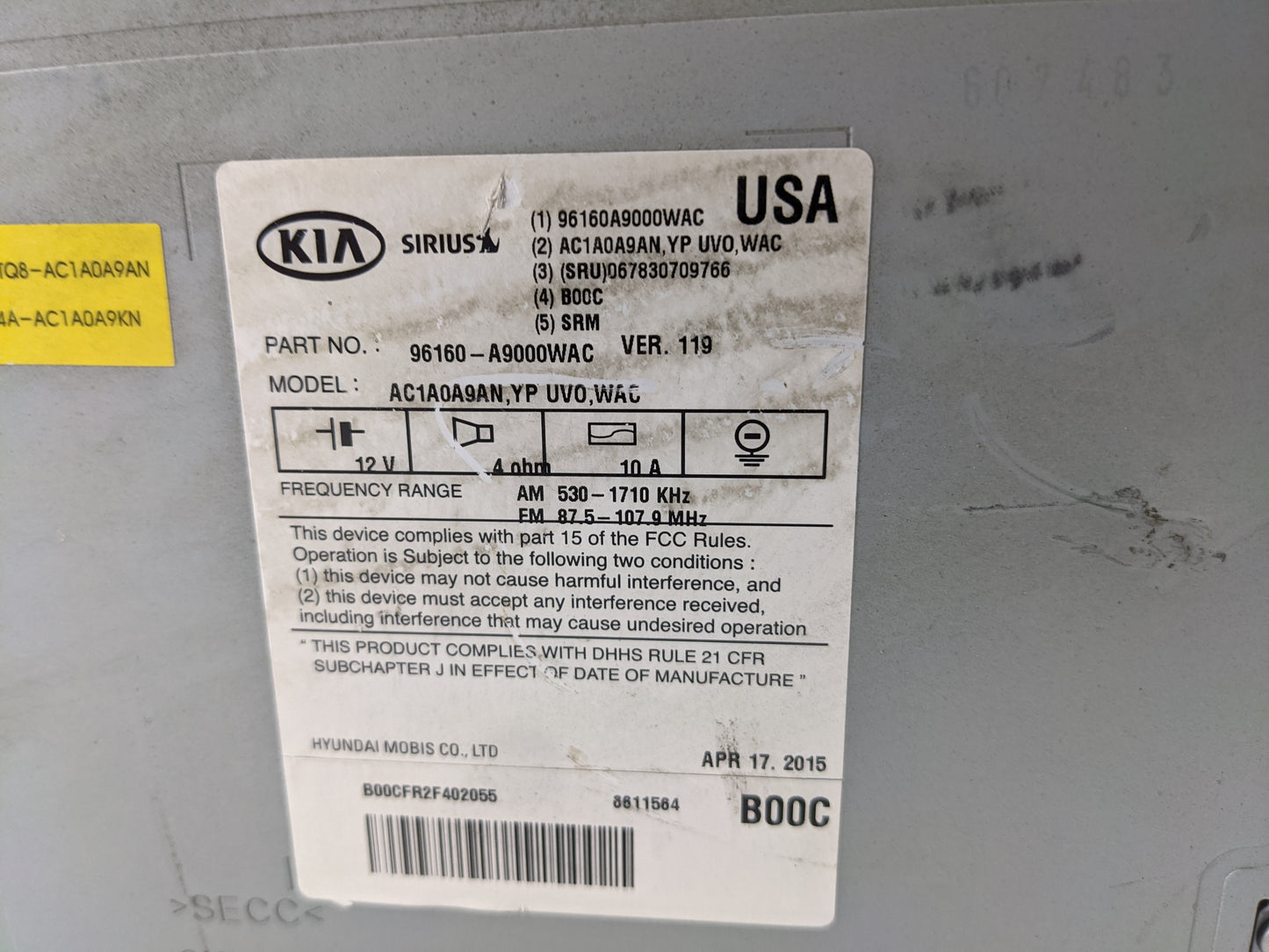 2015-2016 Kia Sedona Radio AM FM Cd Player Receiver Replacement P/N:96160-A9000WAC Fits Fits 2015 2016 OEM Used Auto Parts -