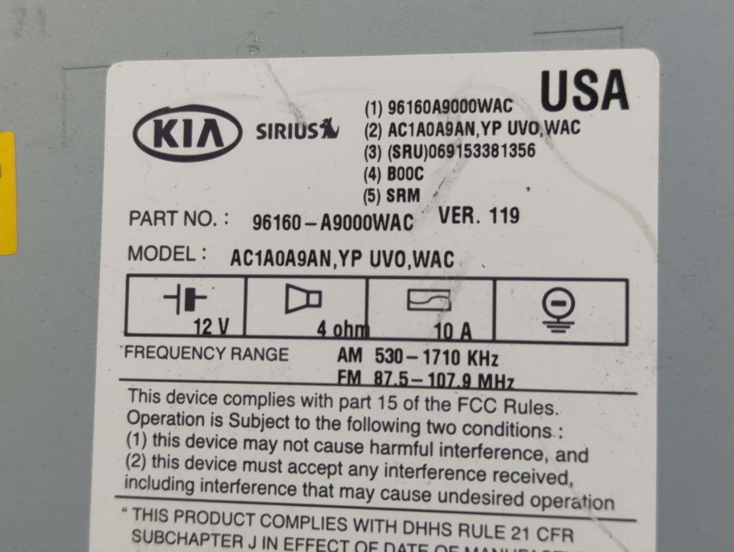 2015-2016 Kia Sedona Radio AM FM Cd Player Receiver Replacement P/N:96160-A9000WAC 1U961 S8000 Fits Fits 2015 2016 OEM Used 