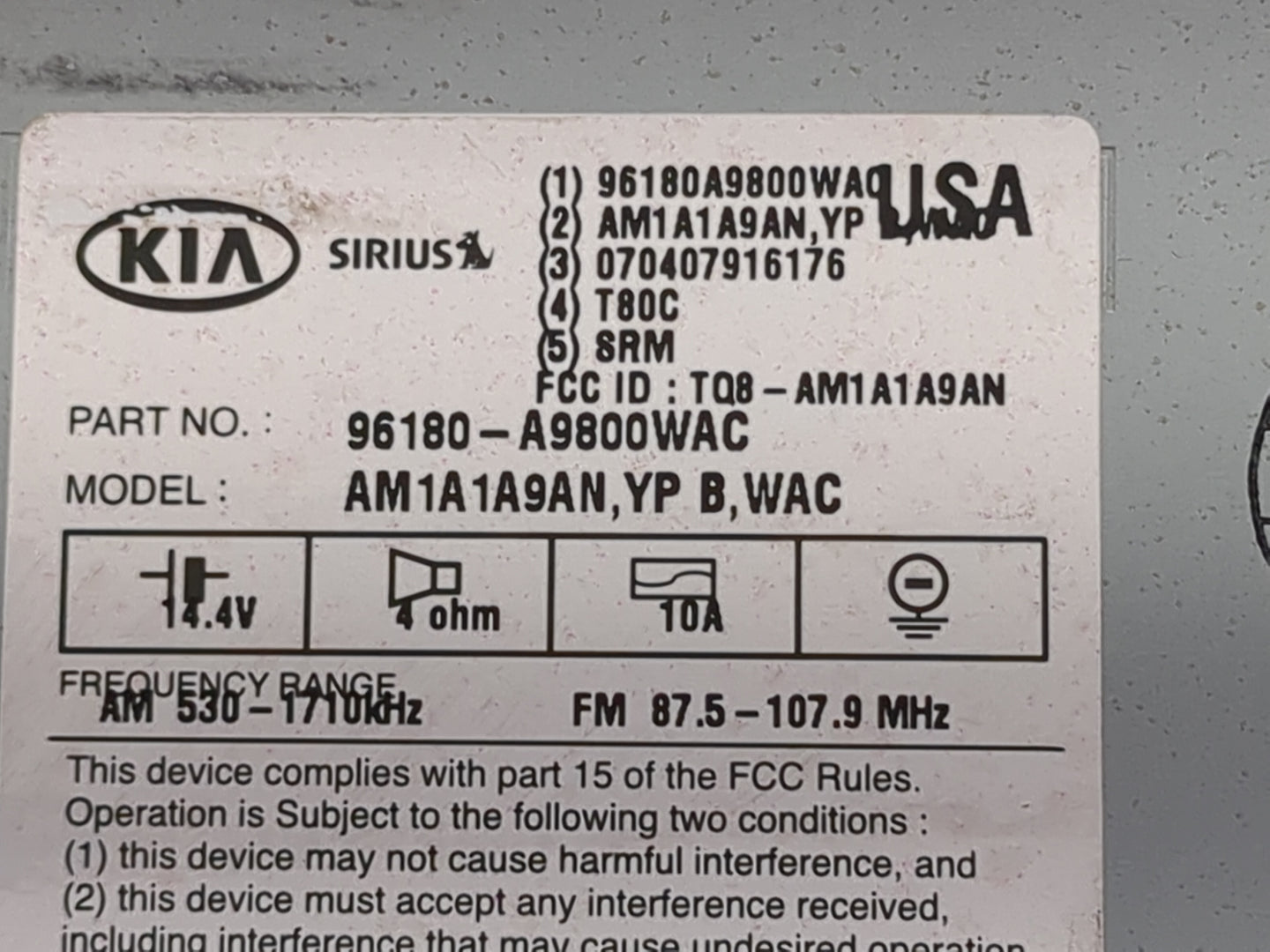 2015-2016 Kia Sedona Radio AM FM Cd Player Receiver Replacement P/N:96180-A9800WAC AM1A1A9AN,YP B,WAC Fits Fits 2015 2016 OE