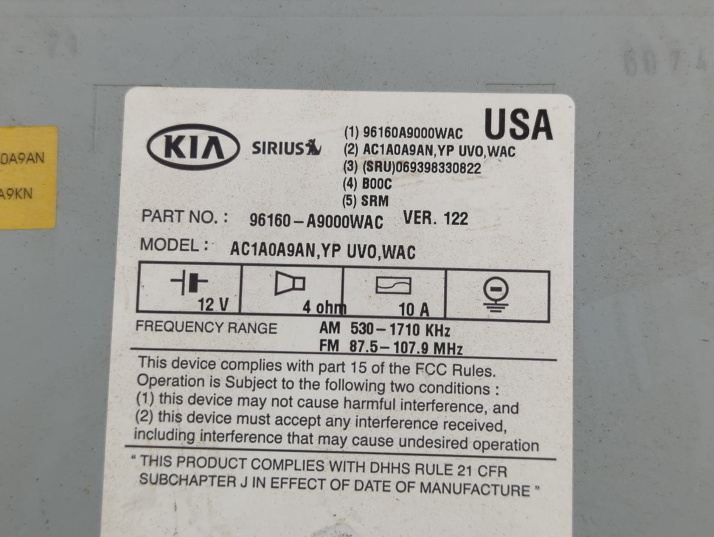 2015-2016 Kia Sedona Radio AM FM Cd Player Receiver Replacement P/N:96160-A9000WAC Fits Fits 2015 2016 OEM Used Auto Parts -