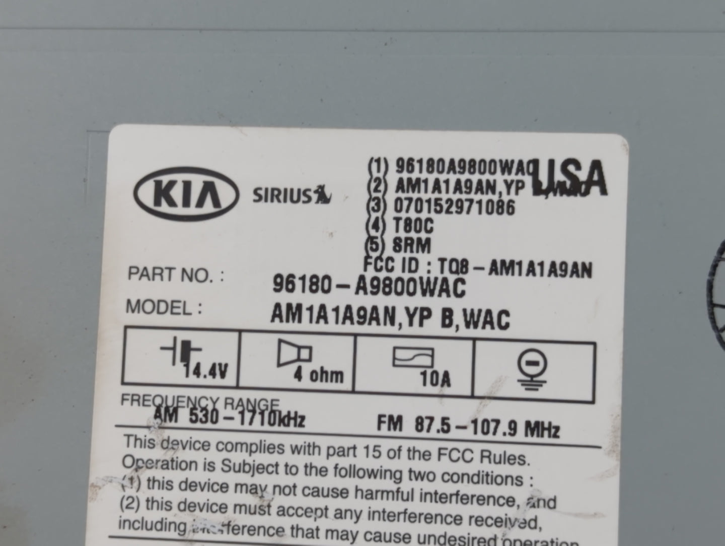 2015-2016 Kia Sedona Radio AM FM Cd Player Receiver Replacement P/N:96180-A9800WAC Fits Fits 2015 2016 OEM Used Auto Parts -
