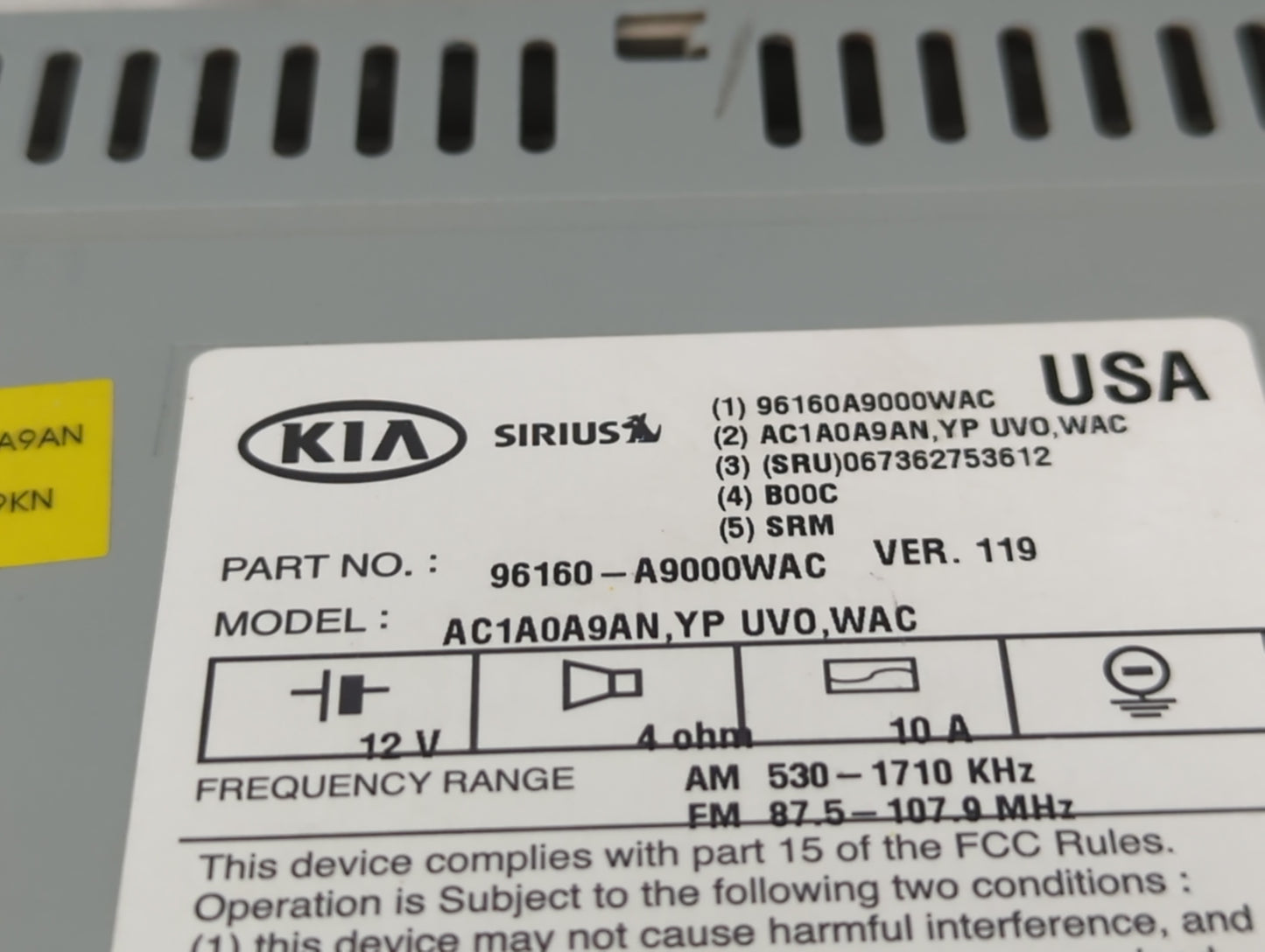 2015-2016 Kia Sedona Radio AM FM Cd Player Receiver Replacement P/N:96160-A9000WAC Fits Fits 2015 2016 OEM Used Auto Parts -