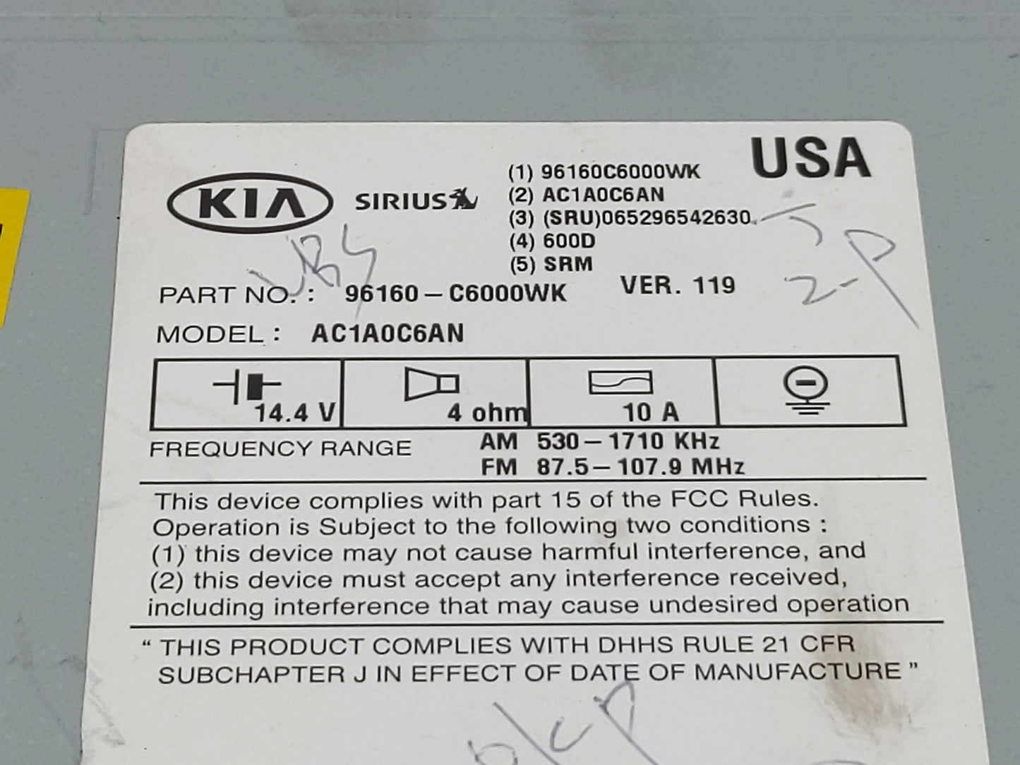 2016-2018 Kia Sorento Radio AM FM Cd Player Receiver Replacement P/N:96160-C6000WK Fits Fits 2016 2017 2018 OEM Used Auto Pa