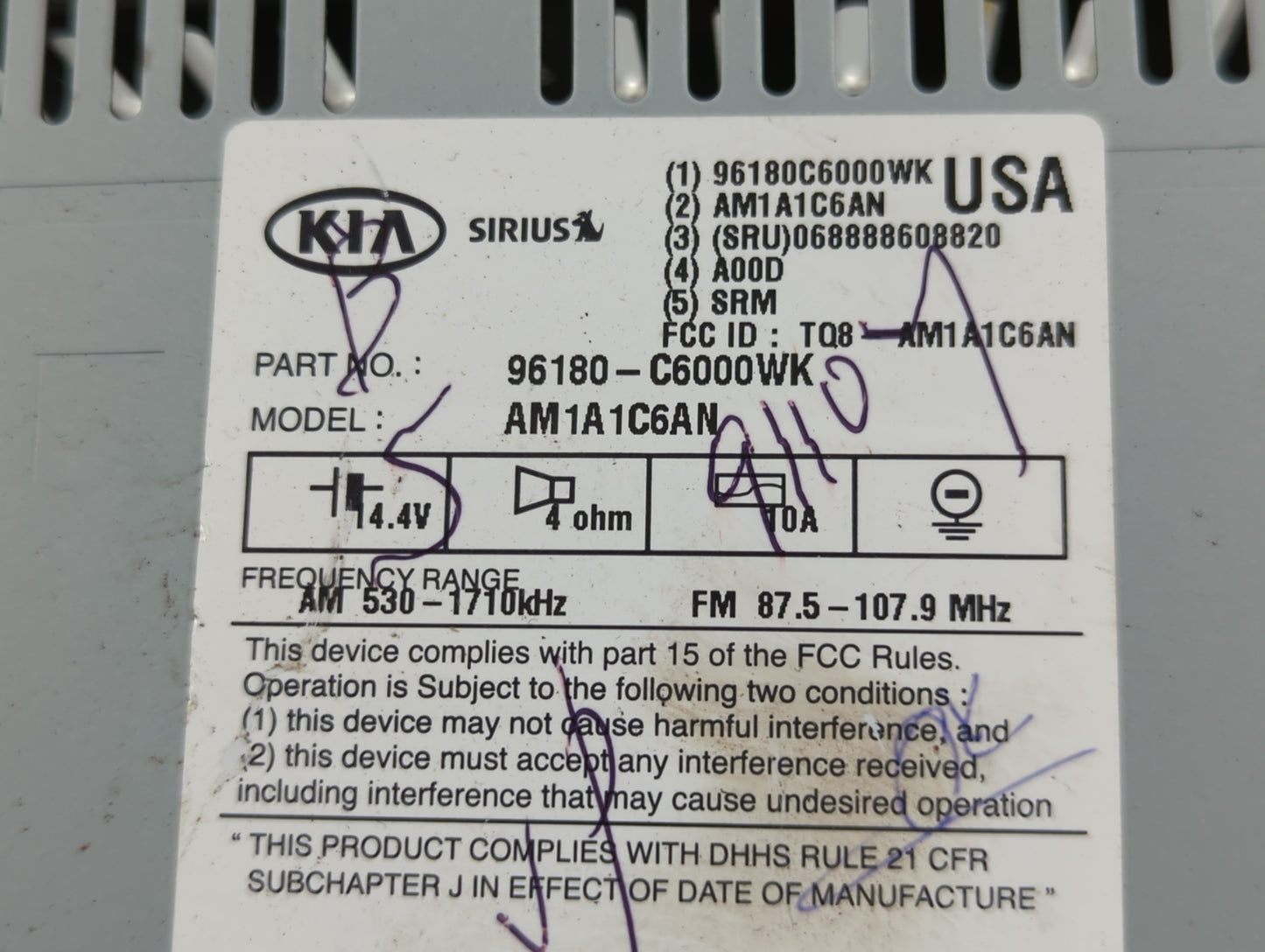 2016-2018 Kia Sorento Radio AM FM Cd Player Receiver Replacement P/N:96180-C6000WK Fits Fits 2016 2017 2018 OEM Used Auto Pa