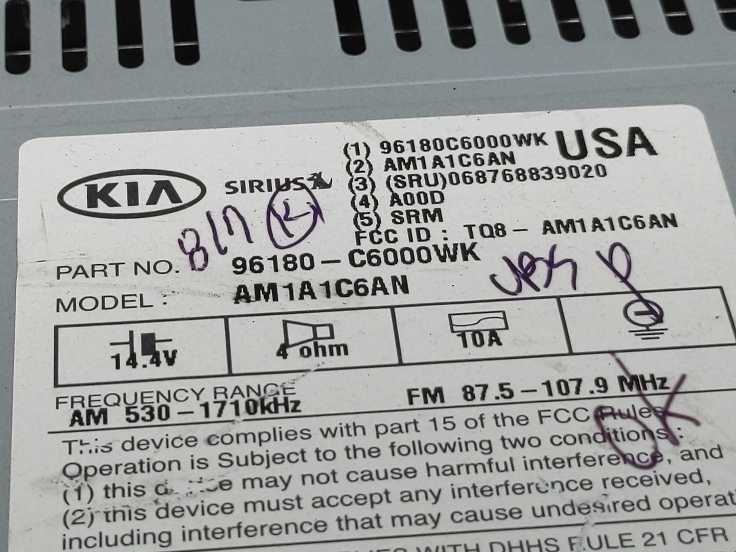 2016 Kia Sorento Radio AM FM Cd Player Receiver Replacement P/N:96180-C6000WK Fits OEM Used Auto Parts - Oemusedautoparts1.c