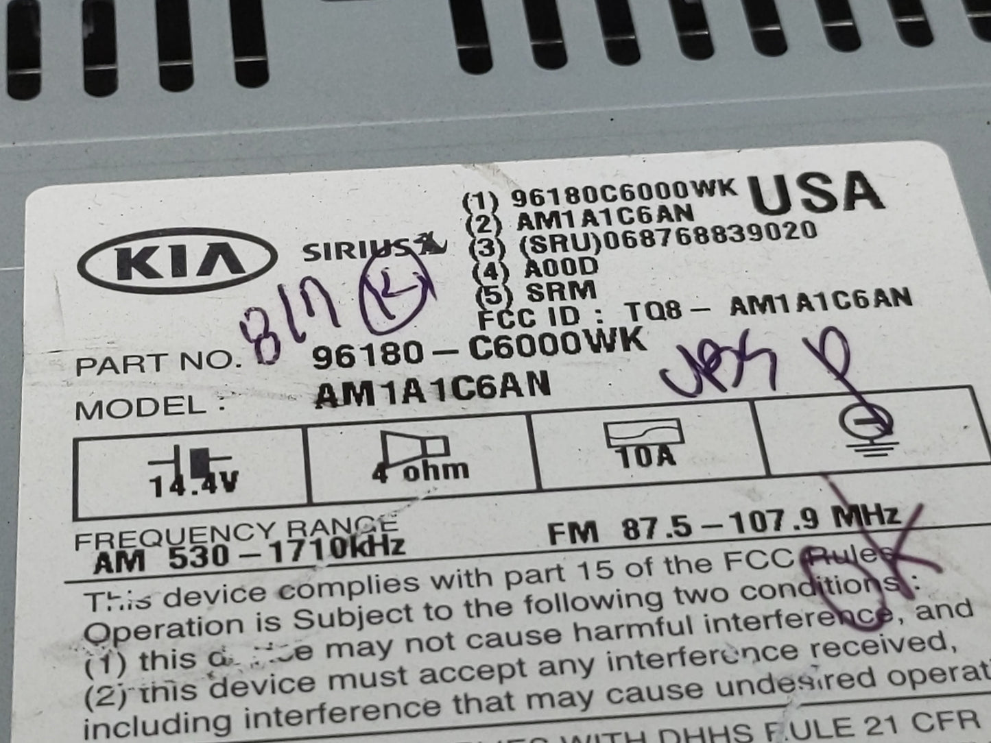 2016 Kia Sorento Radio AM FM Cd Player Receiver Replacement P/N:96180-C6000WK Fits OEM Used Auto Parts - Oemusedautoparts1.c