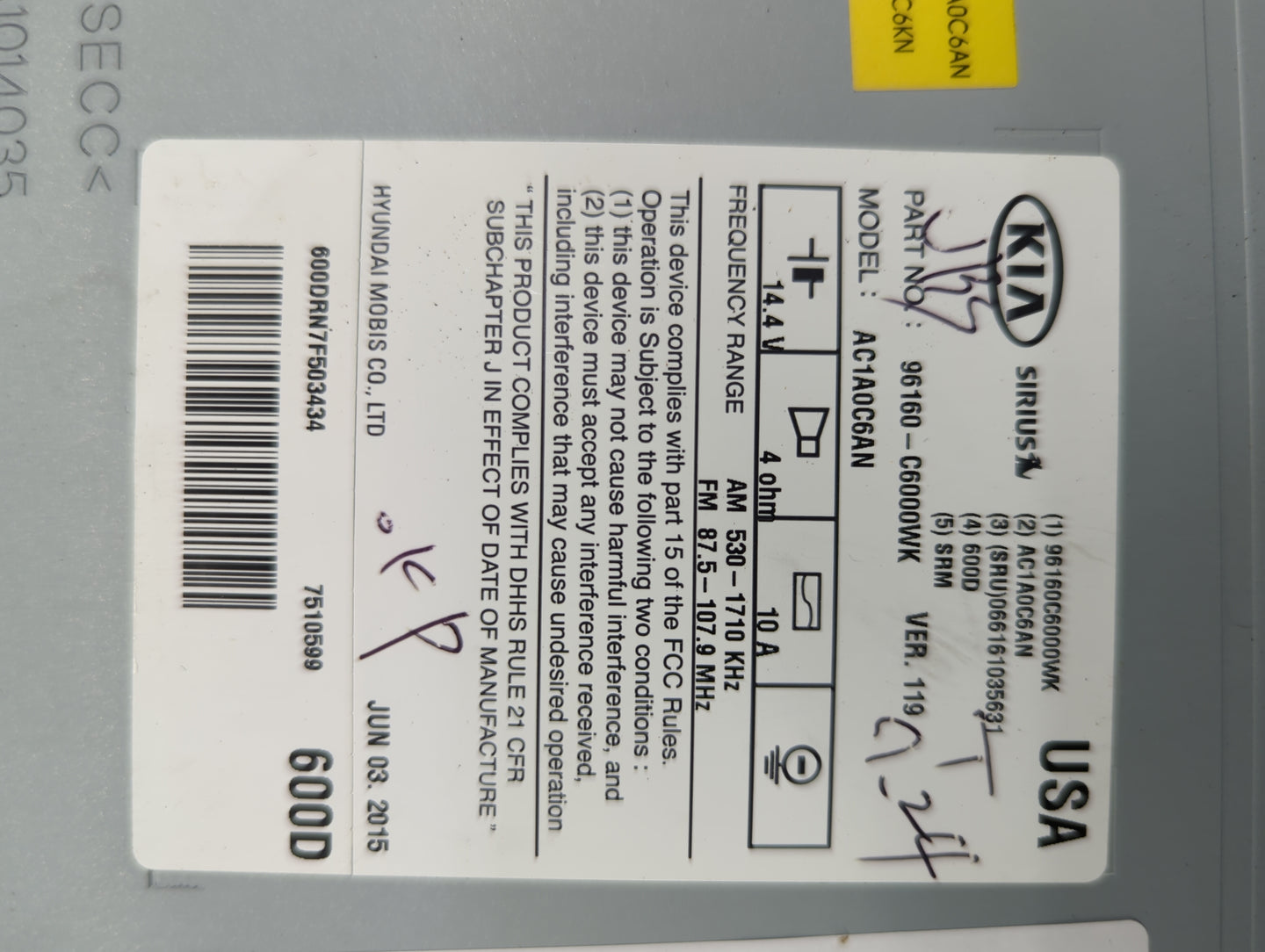 2016-2018 Kia Sorento Radio AM FM Cd Player Receiver Replacement P/N:96160-C6000WK AC1A0C6AN Fits Fits 2016 2017 2018 OEM Us