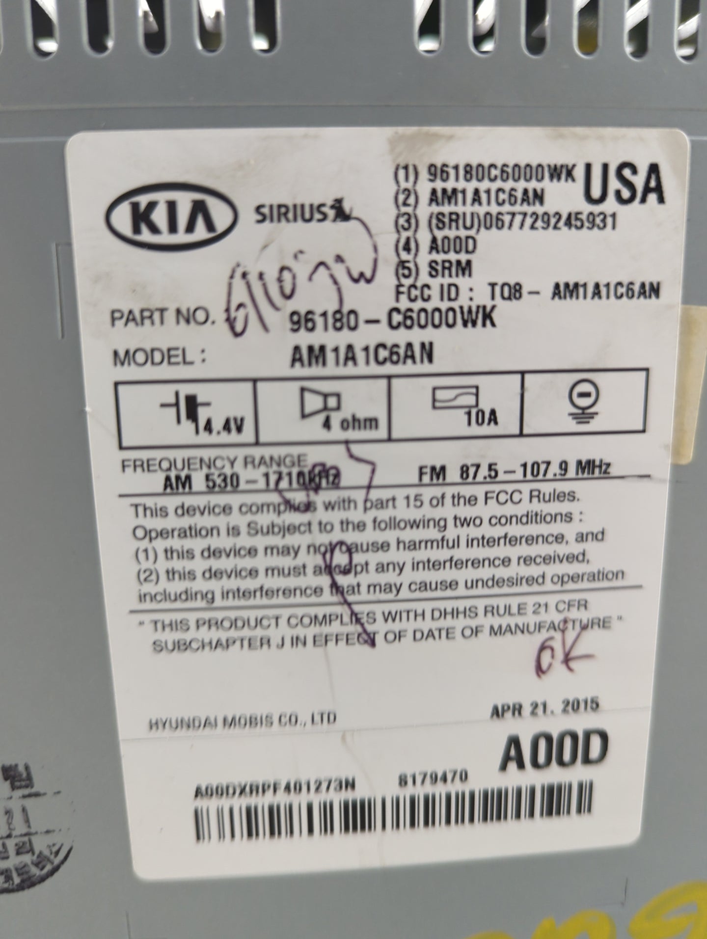 2016-2018 Kia Sorento Radio AM FM Cd Player Receiver Replacement P/N:96180-C6000WK Fits Fits 2016 2017 2018 OEM Used Auto Pa