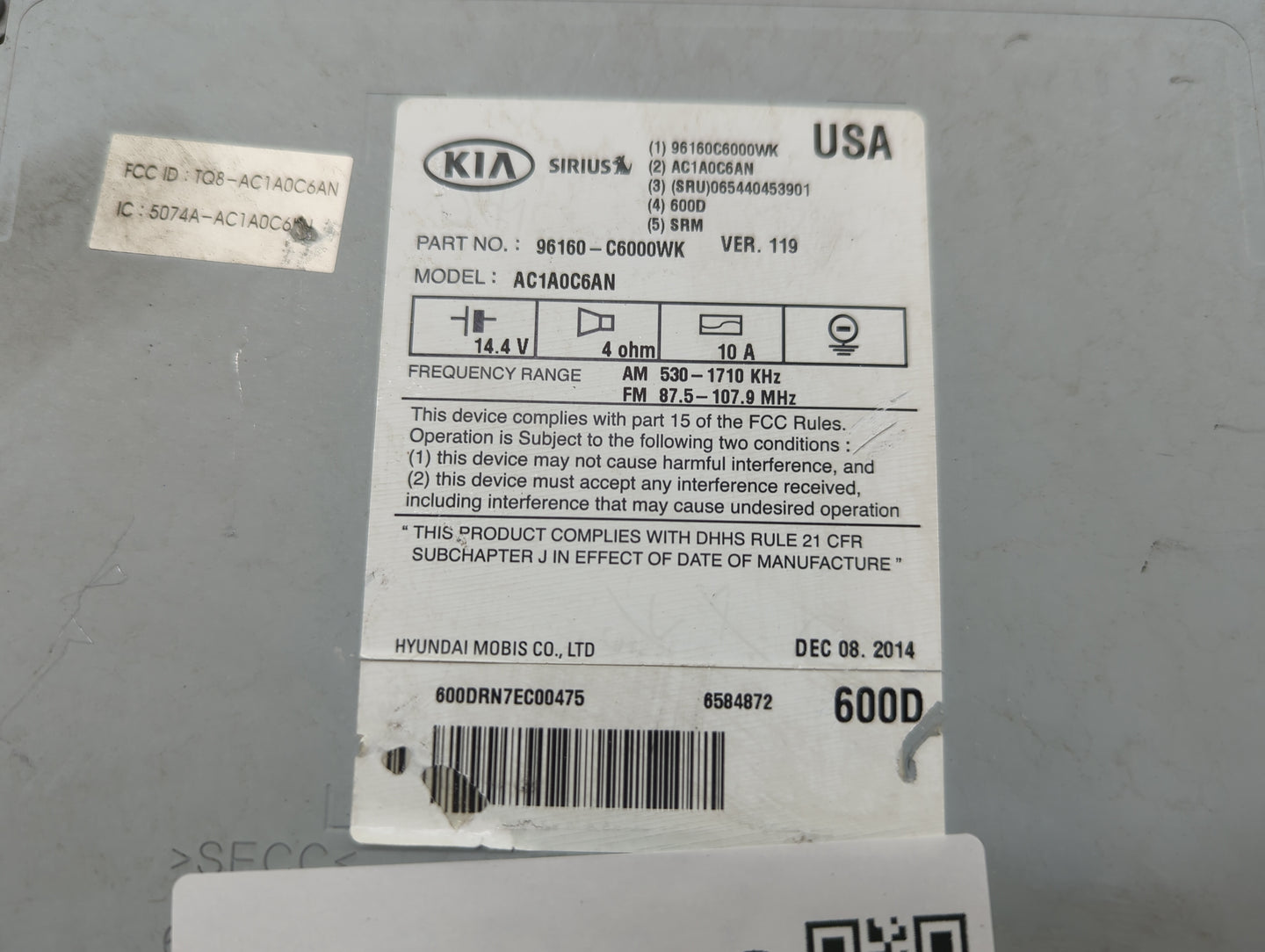 2016-2018 Kia Sorento Radio AM FM Cd Player Receiver Replacement P/N:96160-C6000WK AC1A0C6AN Fits Fits 2016 2017 2018 OEM Us
