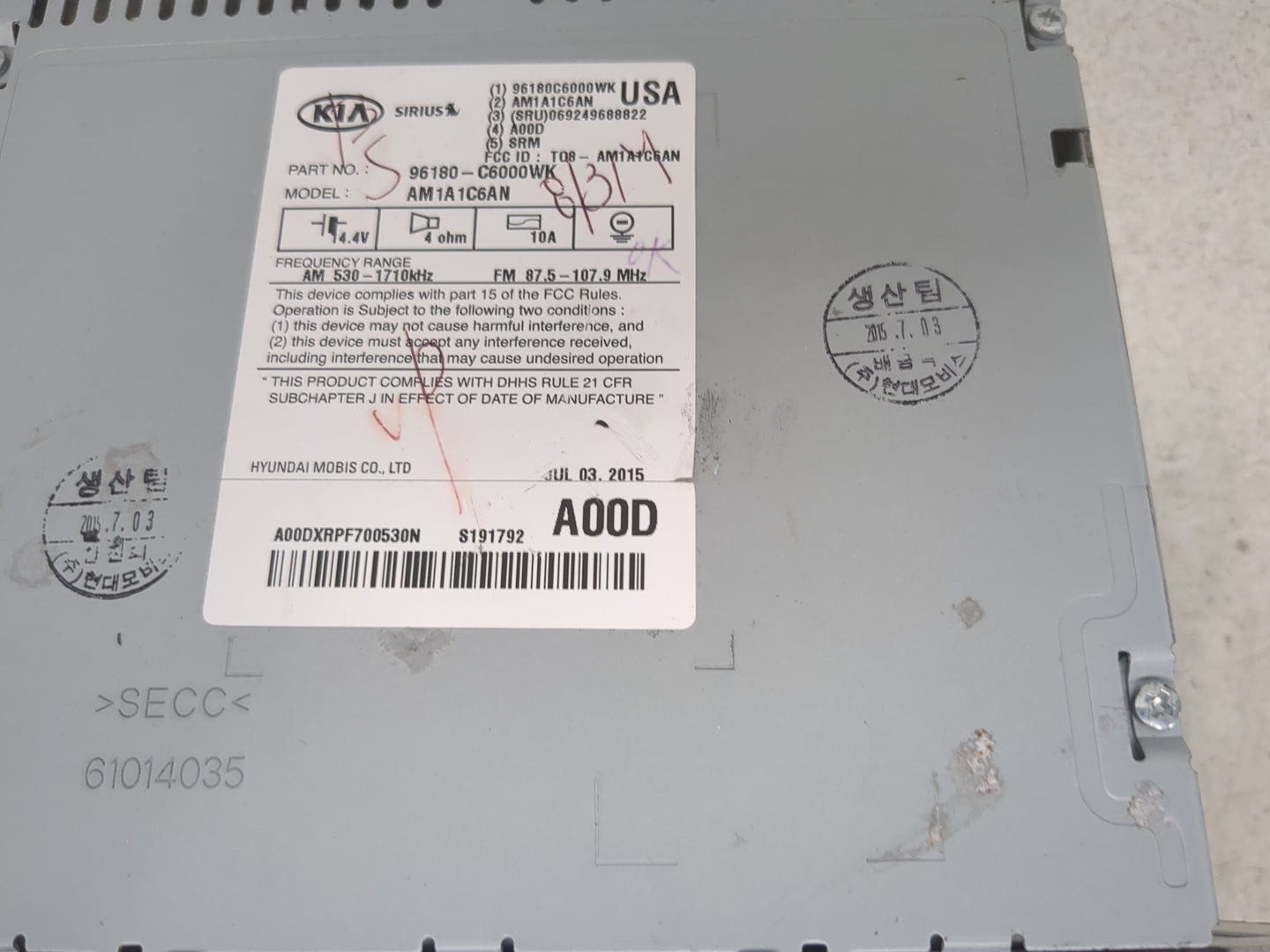 2016-2018 Kia Sorento Radio AM FM Cd Player Receiver Replacement P/N:96180-C6000WK AM1A1C6AN Fits Fits 2016 2017 2018 OEM Us
