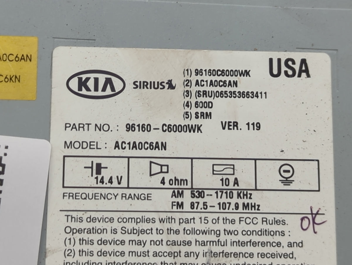 2016-2018 Kia Sorento Radio AM FM Cd Player Receiver Replacement P/N:96160C6000WK AC1A0C6AN Fits Fits 2016 2017 2018 OEM Use