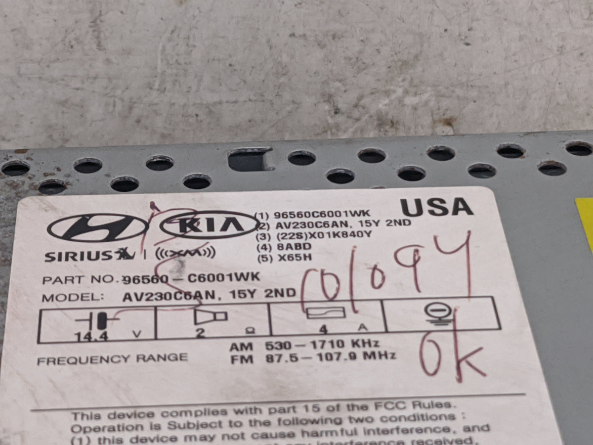 2016 Kia Sorento Radio AM FM Cd Player Receiver Replacement P/N:96560-C6001WK 96560C6001WK, AV230C6AN Fits OEM Used Auto Par